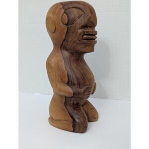 Vintage Hand Carved Two Tone Wood Kneeling Tiki Figurine Polynesian Tribal Art
